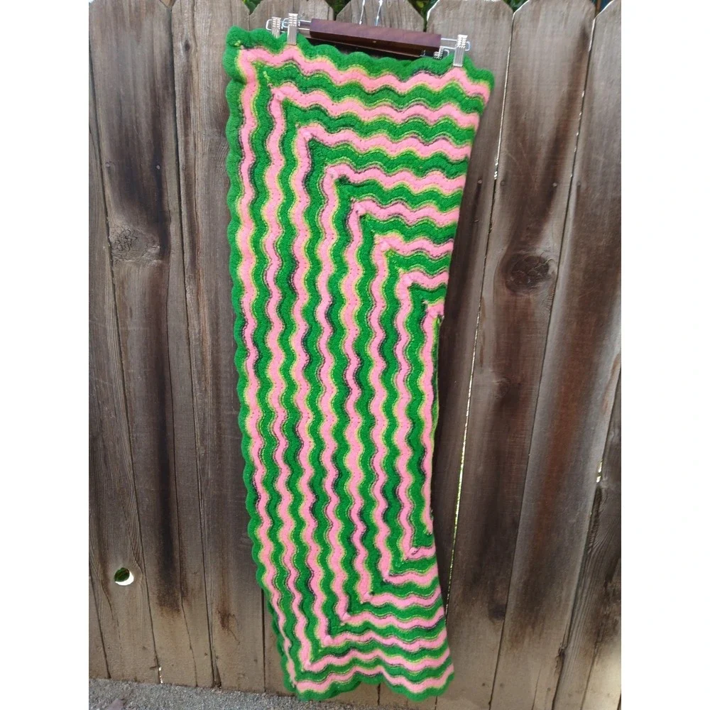 Vintage Retro Style Handmade Crochet Afghan Pink & Green Scalloped Chevron Throw